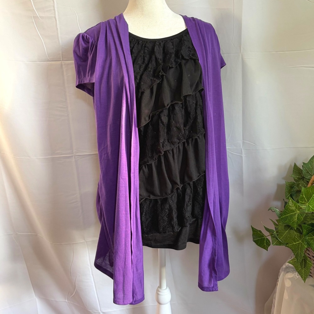 Y2K Sleaze Gothic Grunge No Boundaries Ruffle Top Purple Black Lace Layered NWT